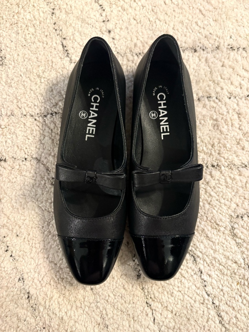 Chanel Black Leather Patent Cap-Toe Mary Jane Flats